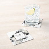 Zwart-wit boho bruiloft servies sjabloon vierkante kartonnen onderzetter (Insitu)
