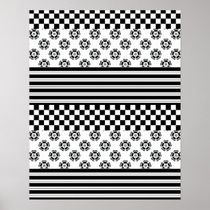 Zwart Wit Boho Controleer Bloemen Strepen Patroon Poster