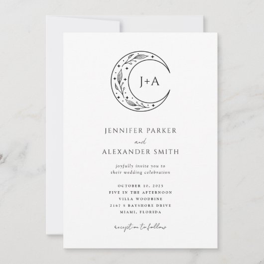 Zwart Wit Boho hemelse bruiloft uitnodiging (Voorkant)