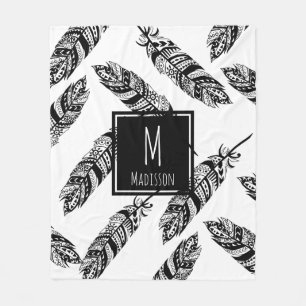Zwart & Wit Boho Tribal Feathers - Gepersonaliseer Fleece Deken