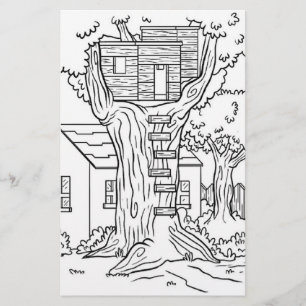 Zwart-wit boomhut kleurplaat briefpapier