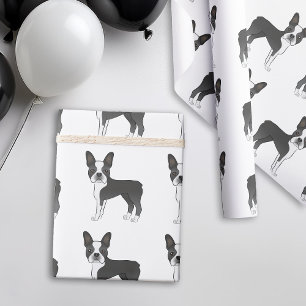 Zwart-wit Boston Terrier Cartoonhondpatroon Cadeaupapier