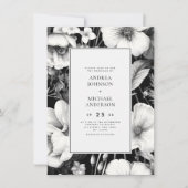Zwart Wit Botanisch Donker Bloemen Bruiloft Kaart (Voorkant)
