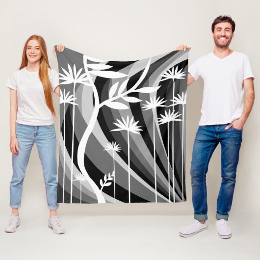 Zwart-wit botanisch ontwerp fleece deken (In situ)