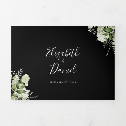 Zwart-Wit Botanische Groene Foto Bruiloft Drieluik Uitnodiging (Cover)