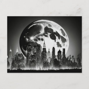 Zwart-wit Briefkaart van een Full Moon en City