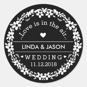 Zwart & Wit Bruiloft Aangepaste Namen Liefde Datum Ronde Sticker