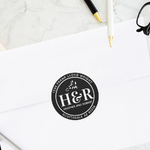 Zwart-wit Bruiloft Monogram Retouradres Ronde Sticker
