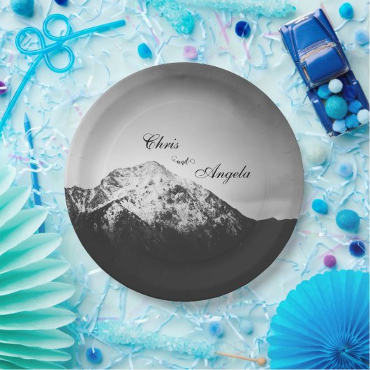 Zwart-wit bruiloft onder de bergen papieren bordje (Feest)