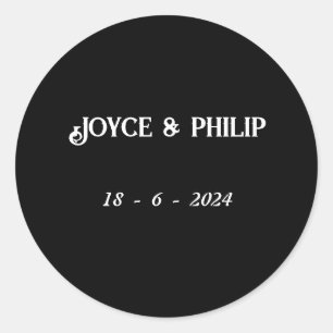 Zwart-wit bruiloft paar naam en datum ronde sticker