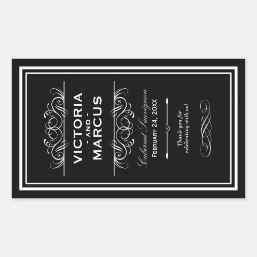 Zwart-wit Bruiloft Wijnfles Monogram Favor Rechthoekige Sticker (Voorkant)