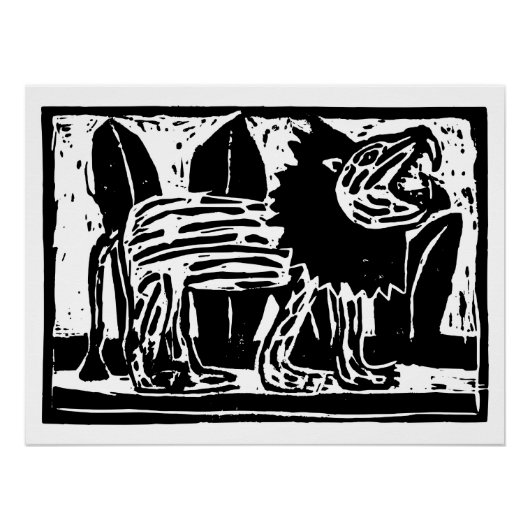 Zwart-wit brullende Leeuw Lino Cut Perfect Poster (Voorkant)