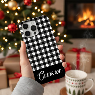 Zwart-wit Buffalo Plaid Aangepaste Naam iPhone 16 Pro Max Hoesje