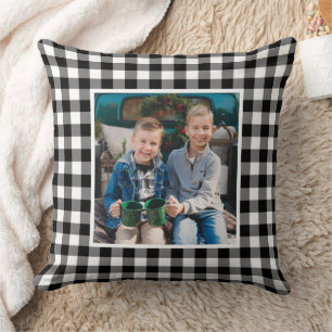 Zwart Wit Buffalo Plaid Foto Kerstmis Kussen