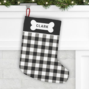 Zwart-wit Buffalo Plaid Hondenbot Monogram Kleine Kerstsok