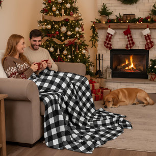 Zwart-wit Buffalo Plaid Kerstcheck Fleece Deken