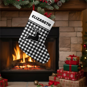 Zwart-wit Buffalo Plaid met Rendier Custom Grote Kerstsok