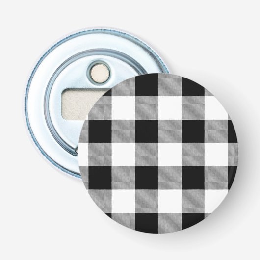Zwart-wit buffel geruit patroon button flesopener (Voorkant)