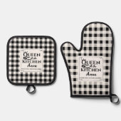 Zwart-wit Buffel Plaid Custom Text Keuken Ovenwant & Pannenlap Set (Voorkant)