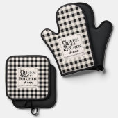 Zwart-wit Buffel Plaid Custom Text Keuken Ovenwant & Pannenlap Set (Voorkant / Achterkant)