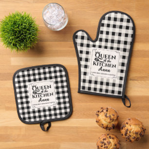 Zwart-wit Buffel Plaid Custom Text Keuken Ovenwant & Pannenlap Set