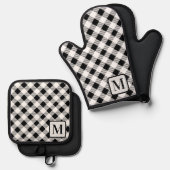 Zwart Wit Buffel Plaid Gingham Monogram Schattige Ovenwant & Pannenlap Set (Voorkant / Achterkant)