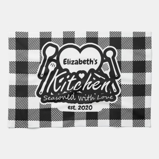 Zwart-wit buffelvlakte Keuken Custom Naam Theedoek (Horizontaal)