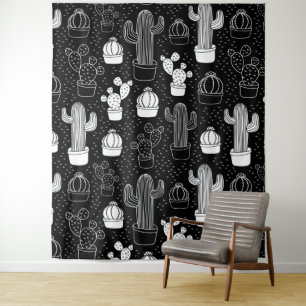 Zwart & Wit Cactus Doodle Patroon Wandkleed