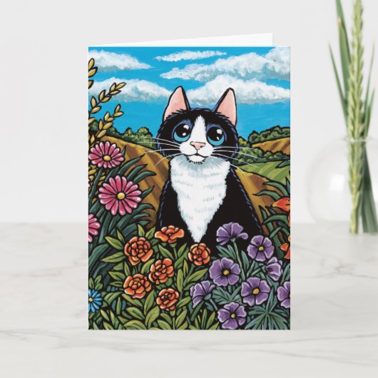 Zwart-wit Cat Flower Field Meadow Kaart (Voorkant)