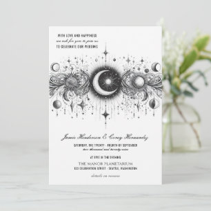 Zwart & Wit Celestial met Details Bruiloft Kaart