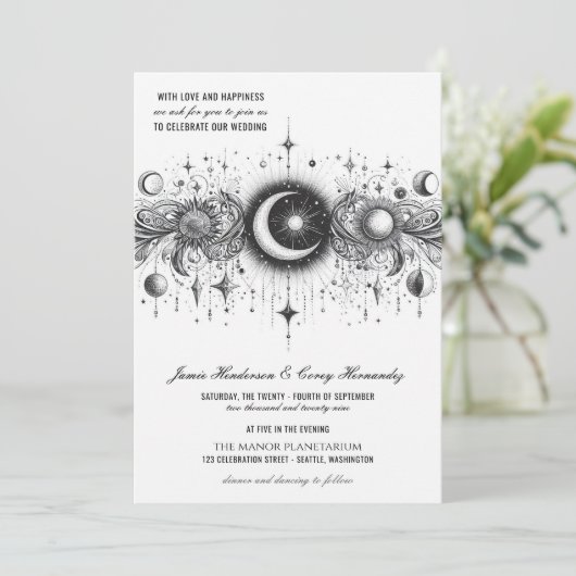 Zwart & Wit Celestial met QR Code Bruiloft Kaart (Staand voorkant)