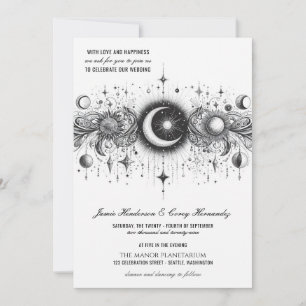 Zwart & Wit Celestial met QR Code Bruiloft Kaart