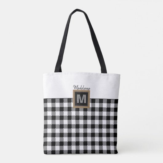 Zwart-wit Check Buffalo Plaid Monogram Classic Draagtas (Achterkant)