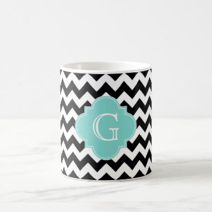 Zwart wit Chevron Aqua Quatrefoil Monogram Koffiemok