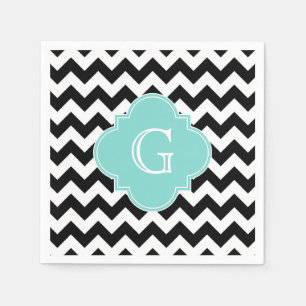 Zwart wit Chevron Aqua Quatrefoil Monogram Servet