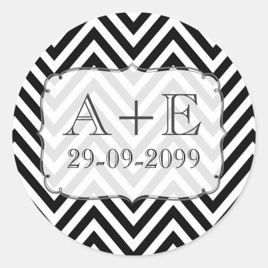 Zwart & Wit Chevron Bruiloft Monogram Sticker (Voorkant)