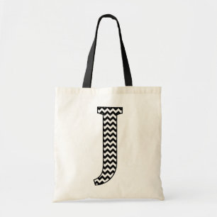 Zwart-wit Chevron Letter J Monogram Tote Bag