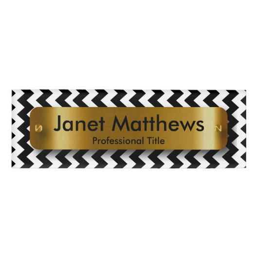 Zwart-wit Chevron met Gold Label Bord Naambadge (Voorkant)