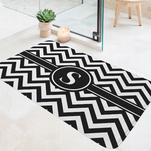 Zwart-wit Chevron-monogram Badmat