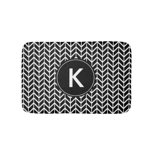 Zwart wit Chevron Pattern Aangepast monogram Badmat (Voorkant)