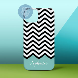 Zwart wit Chevron Voeg Jouw naam blauwgroen toe iPhone 13 Hoesje