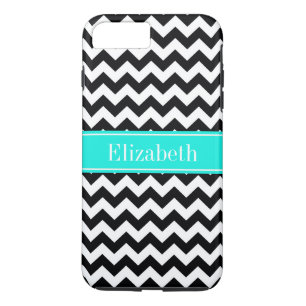 Zwart wit Chevron Zig Zag Brt Aqua Name Monogram iPhone 8 Plus / 7 Plus Hoesje