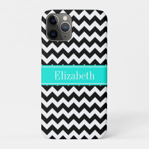 Zwart wit Chevron Zig Zag Brt Aqua Name Monogram iPhone 11 Pro Hoesje