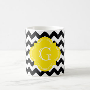 Zwart wit Chevron Zig-Zag Geel Monogram Koffiemok