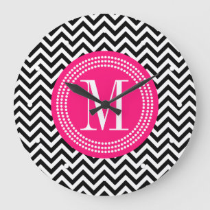 Zwart-wit Chevron Zigzag gepersonaliseerd Monogram Grote Klok