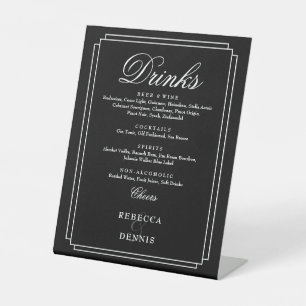 Zwart-wit Chic Art Deco Wedding Drinken Menu Reclamebord Met Voetstuk