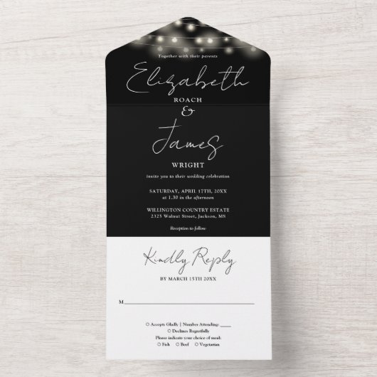 Zwart-wit Chic Script String Lights bruiloft All In One Uitnodiging (Binnen)