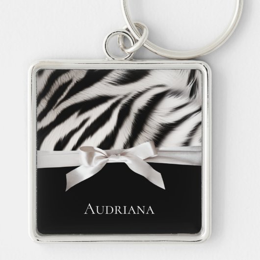 Zwart Wit Chic Zebra Print Bow Sleutelhanger (Voorkant)