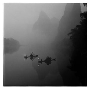 Zwart-wit, China, Li River, Fisherman op Tegeltje