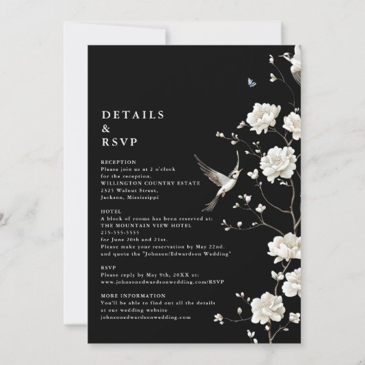Zwart-wit Chinoiserie Bloemen Details Huwelijk Kaart (Achterkant)